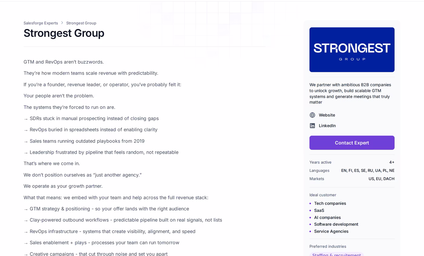 Strongest Group profile page in the Salesforge Forge Expert directory showing languages, markets and services
