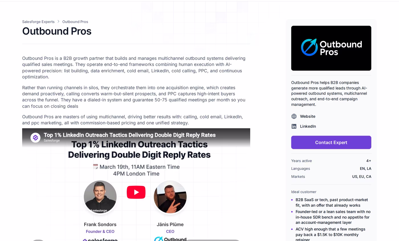 Outbound Pros profile page in the Salesforge Forge Expert directory showing services, markets and ideal customer