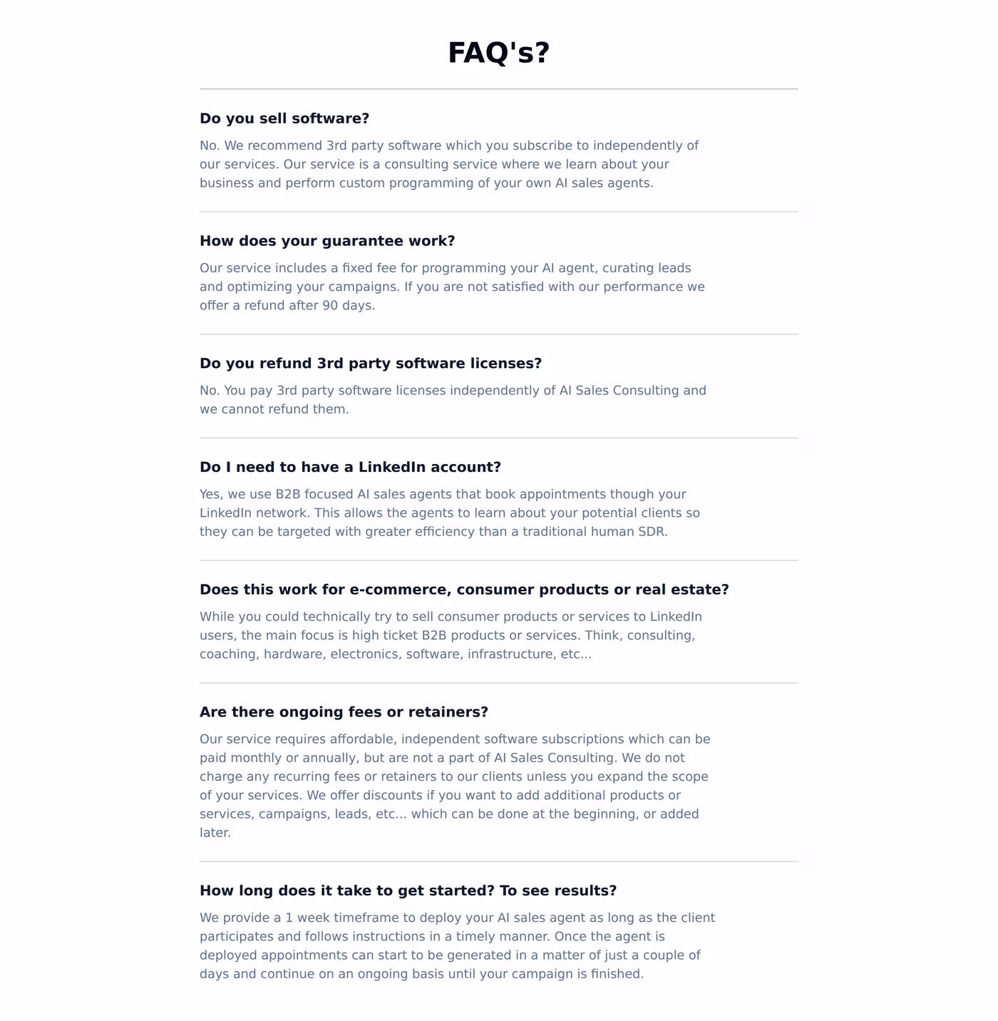 The AI Sales Consulting FAQ section covering the guarantee, software licences, LinkedIn account requirement and fees