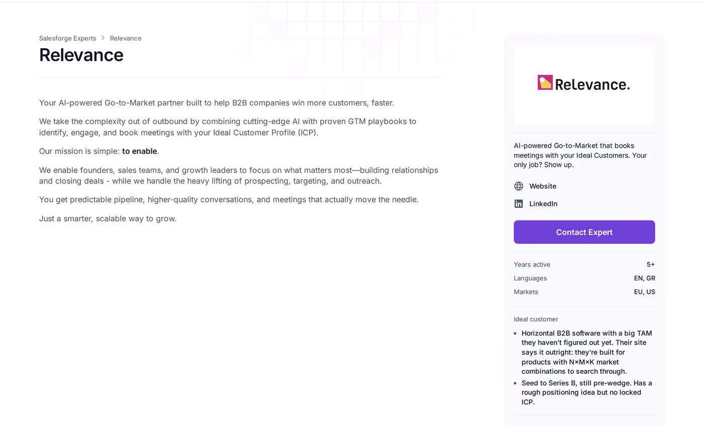 Relevance profile page in the Salesforge Forge Expert directory showing published pricing and ideal customer