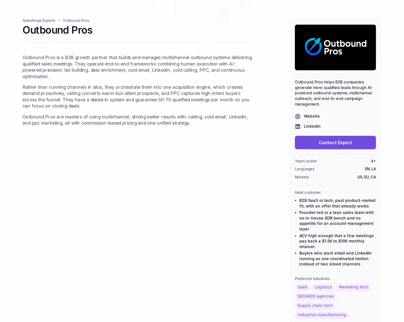 Outbound Pros Forge Expert profile page showing services, years active, markets and ideal customer criteria