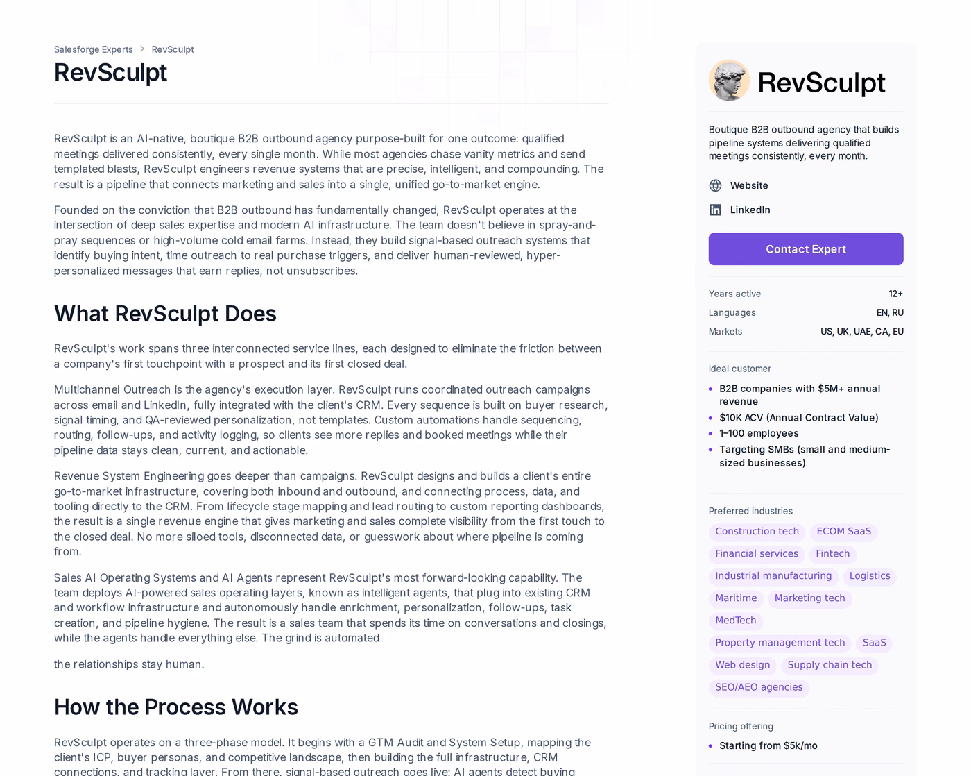 RevSculpt Forge Expert profile page showing signal-based outreach services, pricing from $5k per month and markets served