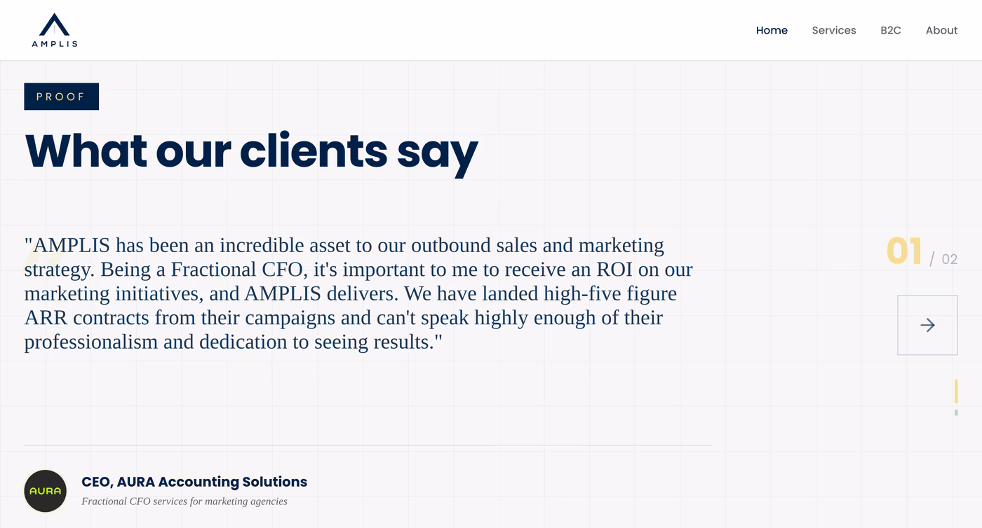 AMPLIS homepage testimonial credited to the CEO of AURA Accounting Solutions