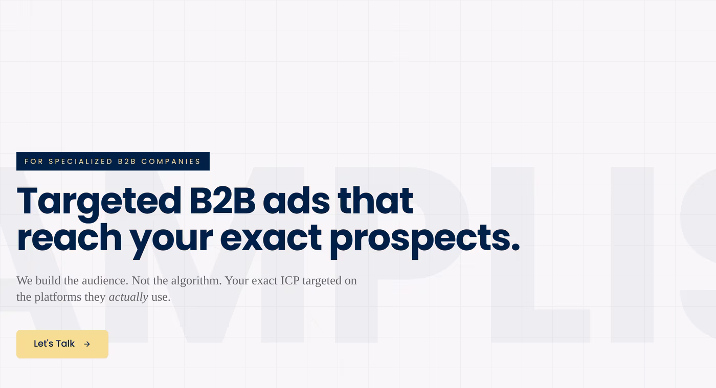 AMPLIS homepage hero reading Targeted B2B ads that reach your exact prospects