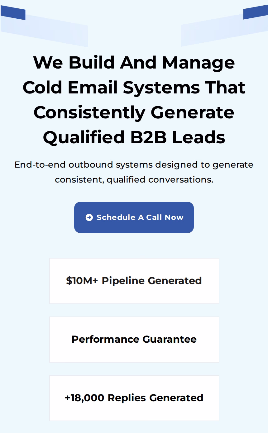 Ampilink homepage hero on mobile showing a $10M+ pipeline generated badge and a performance guarantee badge