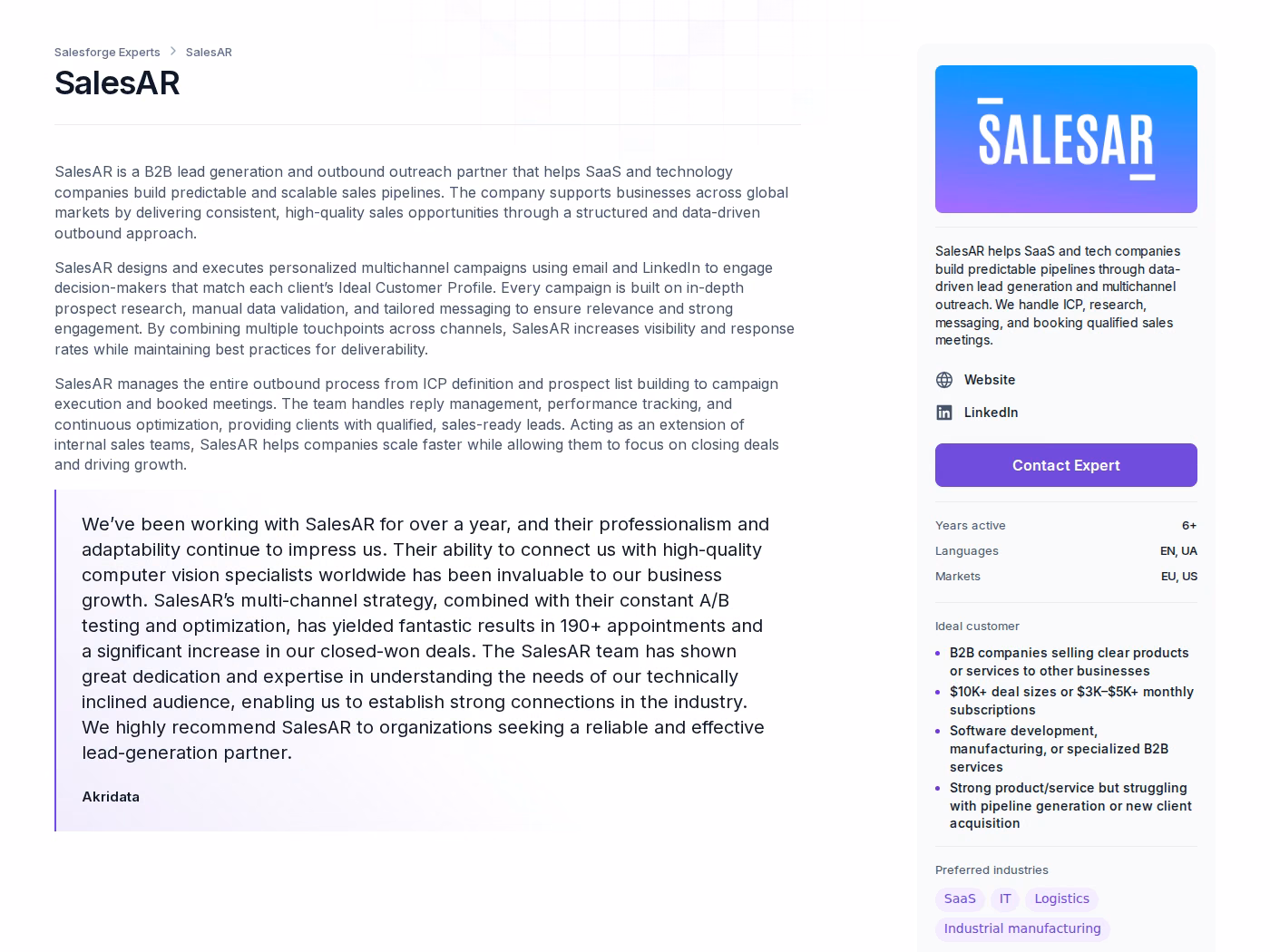 The SalesAR profile page in the Salesforge Forge Expert directory showing a named client testimonial and pricing