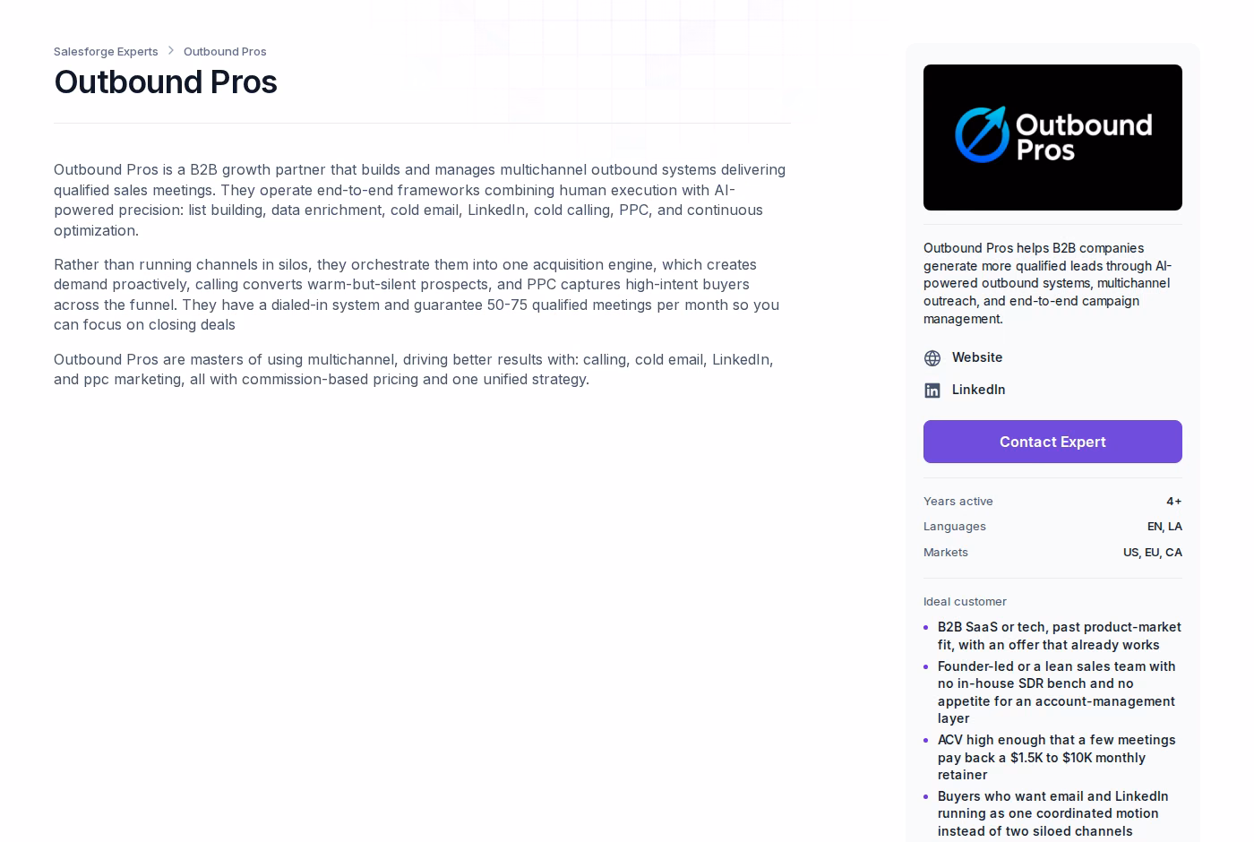 The Outbound Pros profile page in the Salesforge Forge Expert directory showing markets, ideal customer and pricing