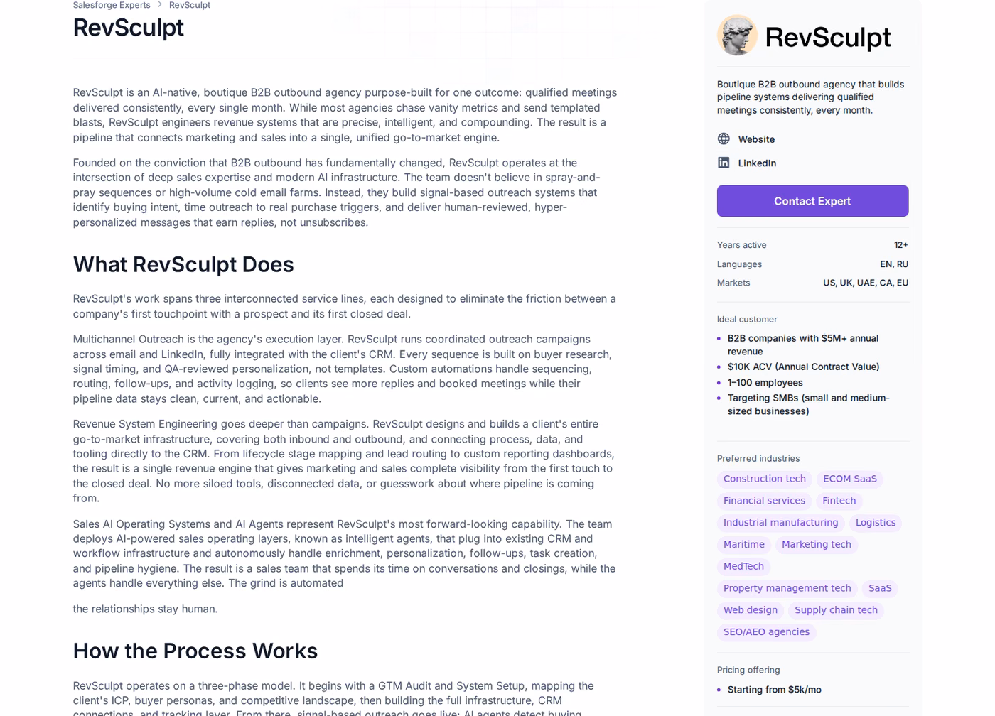 RevSculpt Forge Expert profile page describing signal-based outreach, markets served and pricing from 5k per month