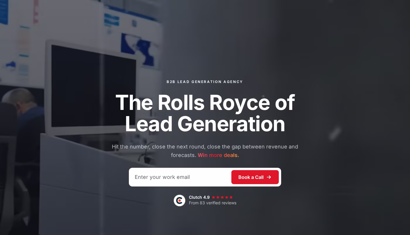 A-Sales homepage hero reading The Rolls Royce of Lead Generation, with a Clutch 4.9 badge from 83 verified reviews