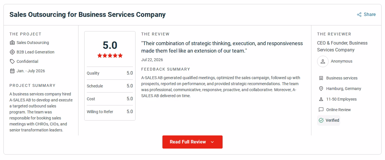 A verified 5.0 Clutch review of A-SALES AB dated July 2026, from the CEO and founder of a business services company in Hamburg, rating quality, schedule, cost and willingness to refer at 5.0