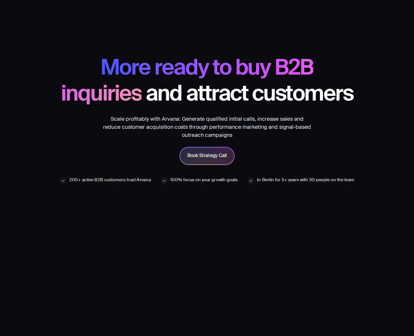 Arvana homepage hero stating more ready-to-buy B2B inquiries, 200+ active B2B customers, and 5+ years in Berlin with 30 people