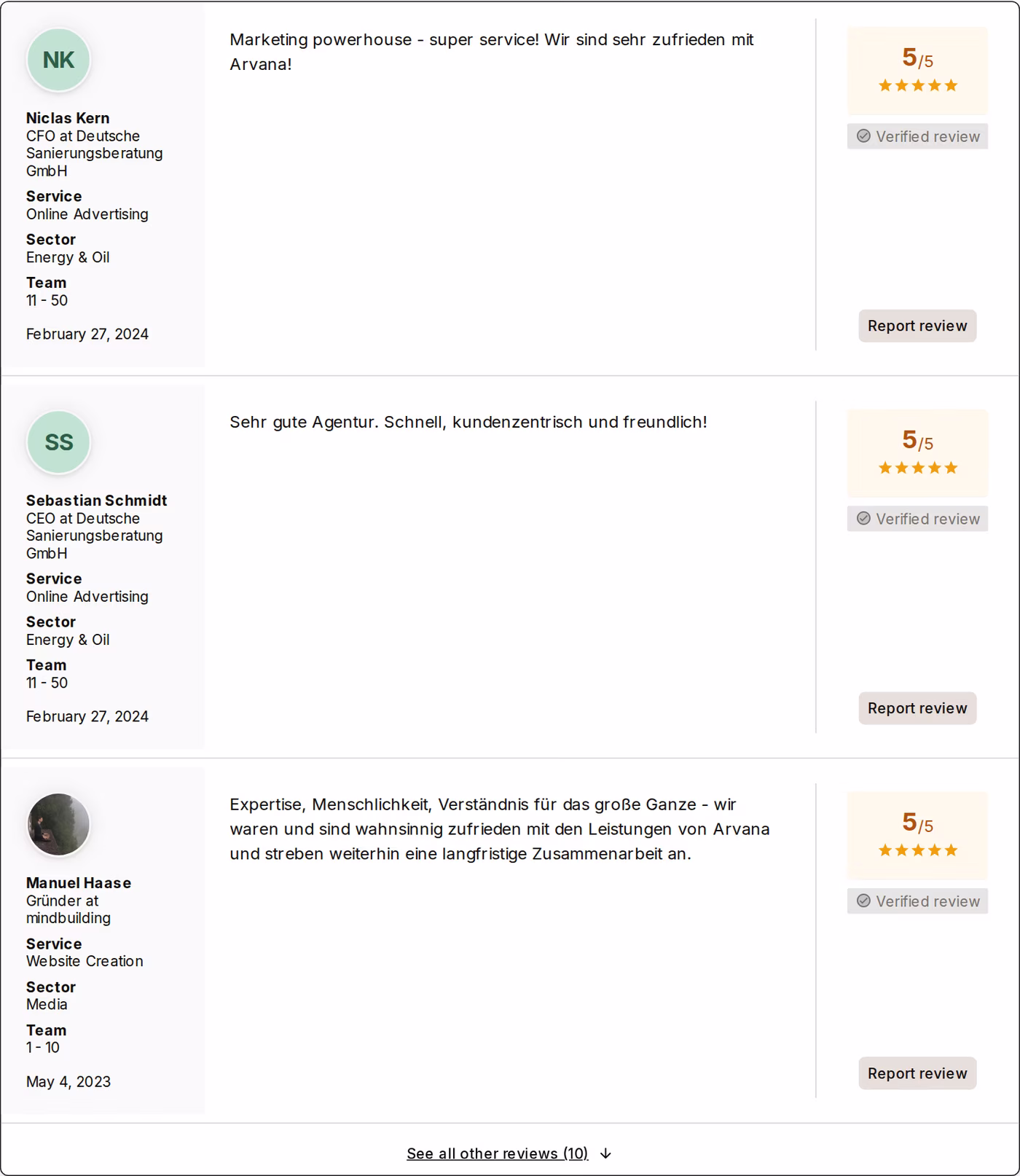 Three verified 5 out of 5 Sortlist reviews of Arvana GmbH, two from a German renovation consultancy dated 27 February 2024 and one from a media founder dated 4 May 2023