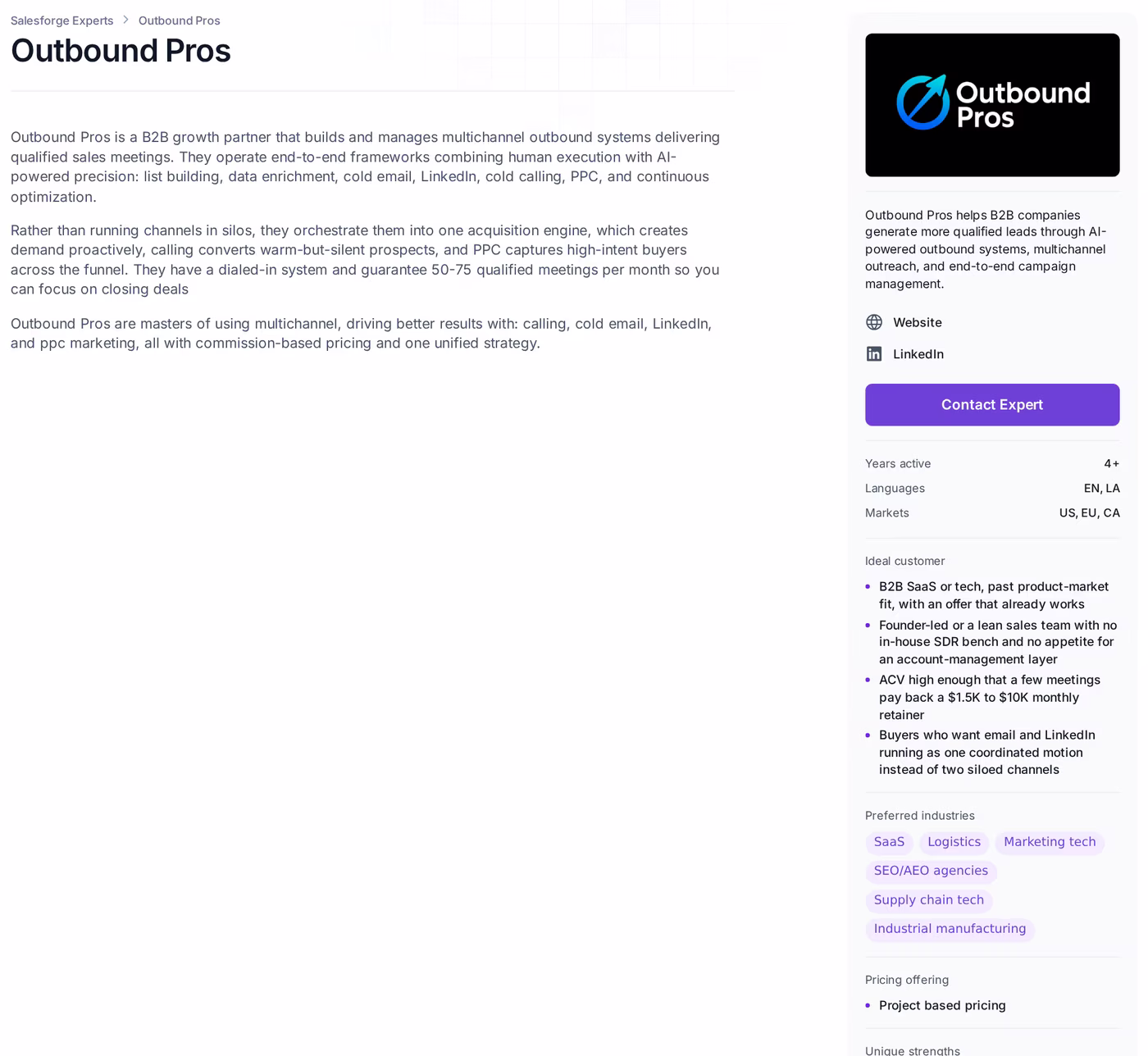 Outbound Pros Forge Expert profile on salesforge.ai showing the 50 to 75 qualified meetings per month guarantee, EN and LA languages, and US, EU, CA markets