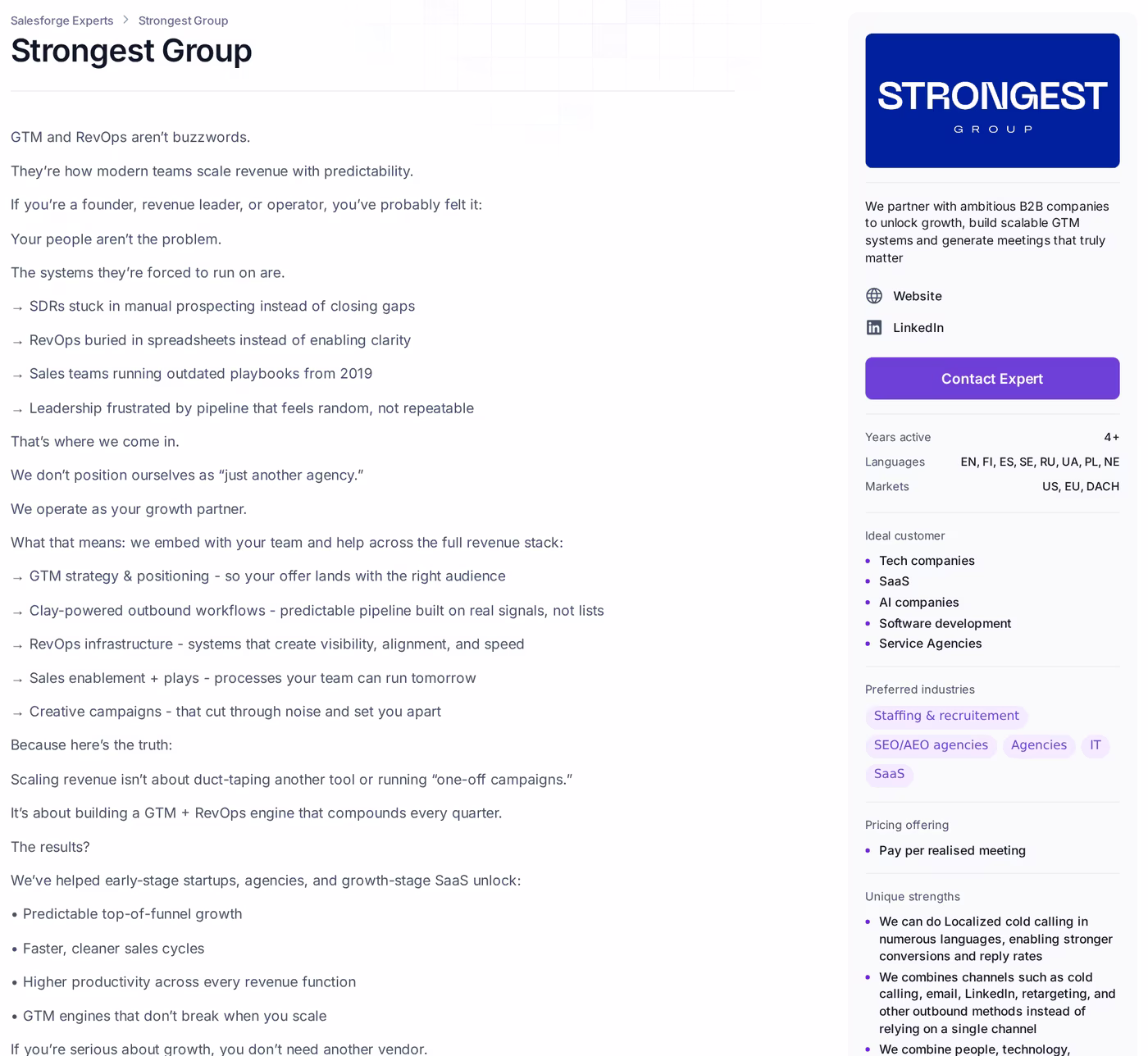 Strongest Group Forge Expert profile on salesforge.ai listing eight languages, US, EU, and DACH markets, pay per realised meeting pricing, and localized cold calling