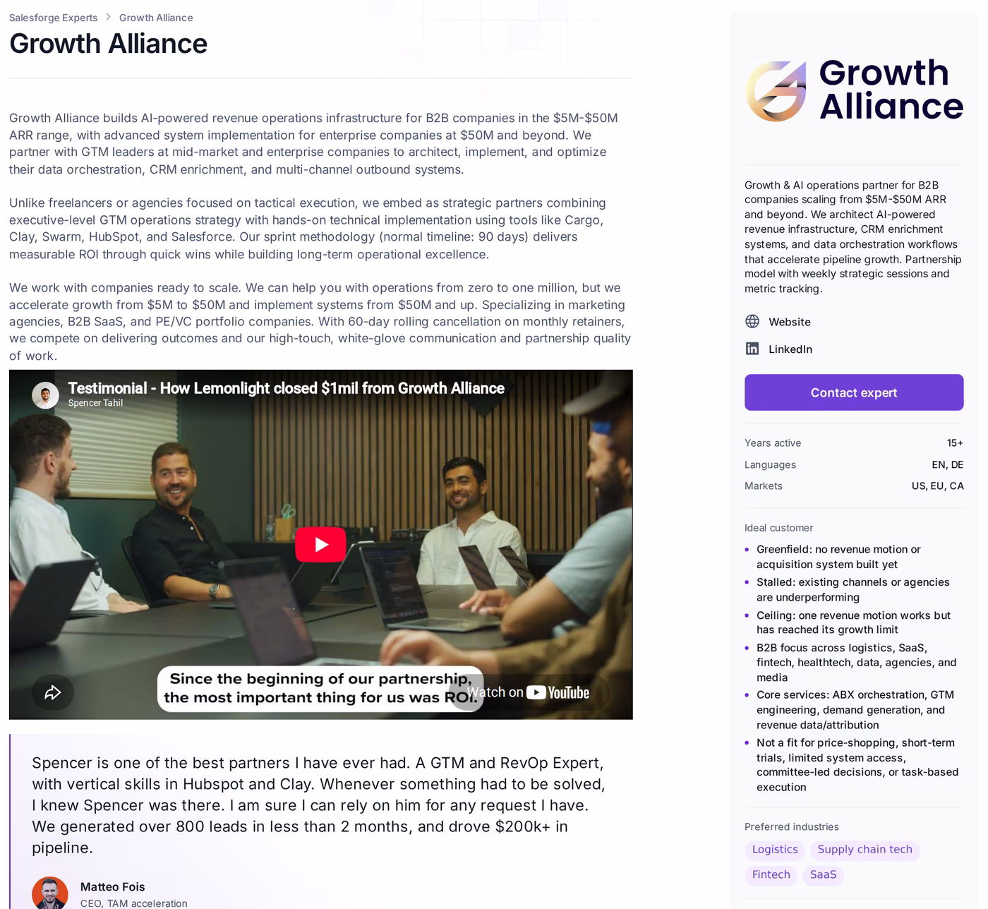 Growth Alliance Forge Expert profile on salesforge.ai showing EN and DE languages, US, EU, CA markets, programs from $10K per month, and a 4 to 6 client cap
