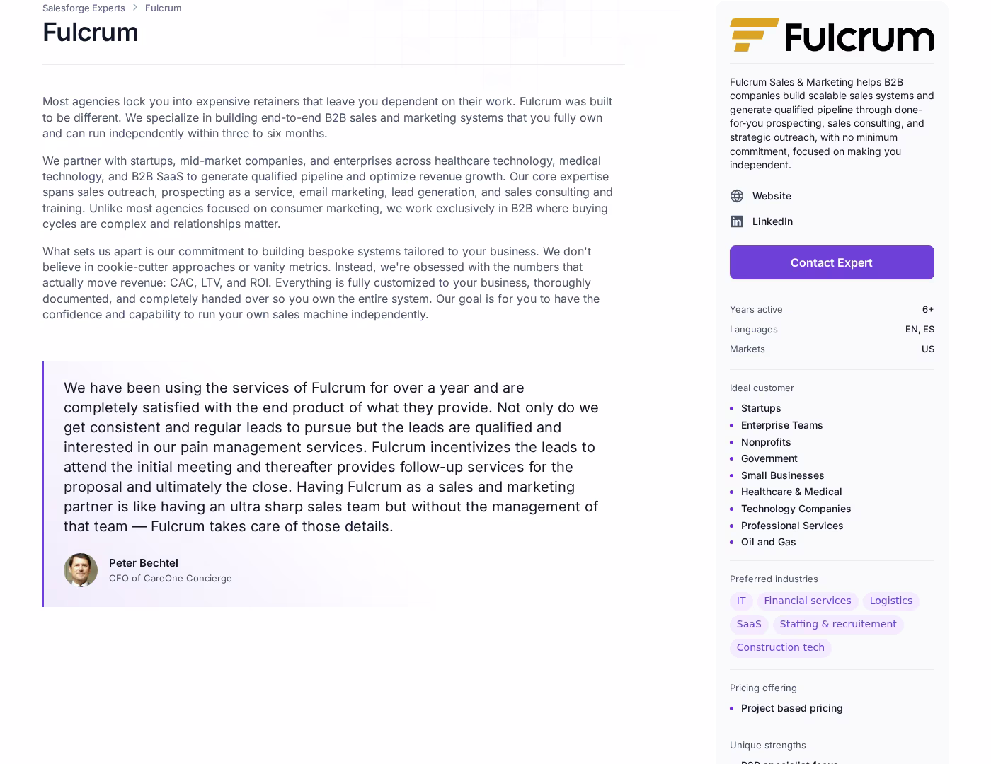 Fulcrum Forge Expert profile on salesforge.ai showing no minimum commitment positioning, 6+ years active, EN and ES languages, US market, and project-based pricing
