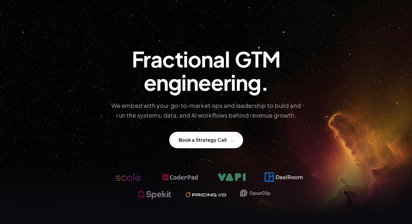 Astra GTM homepage hero reading Fractional GTM engineering, with client logos for Scale AI, CoderPad, Vapi, DealRoom, Spekit, Pricing I/O, and OpusClip