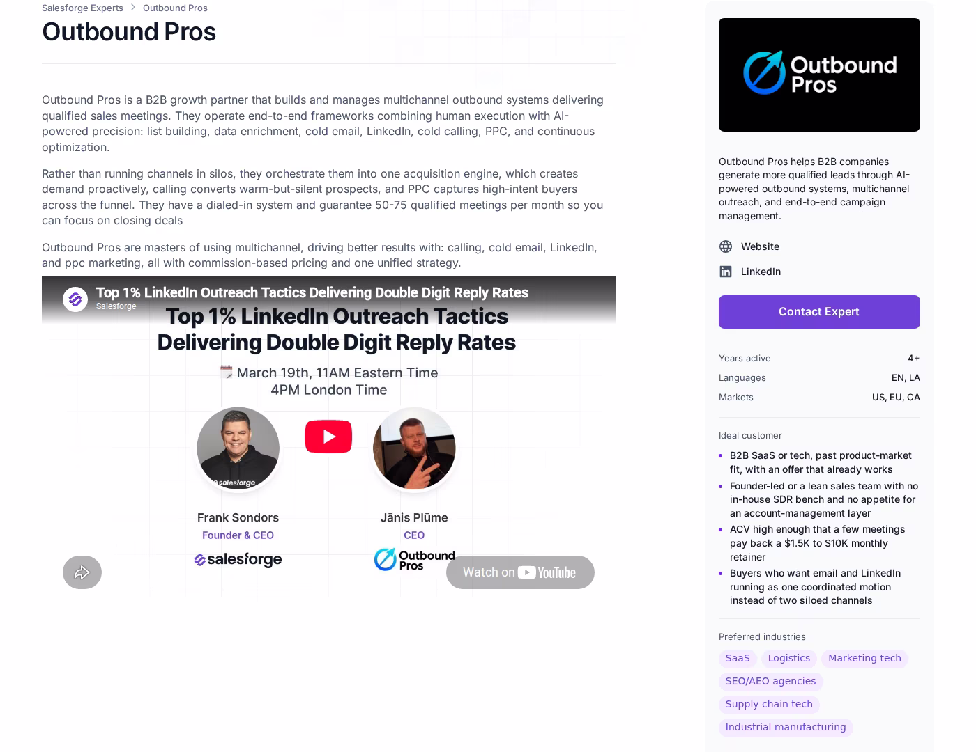Outbound Pros Forge Expert profile on salesforge.ai showing the 50 to 75 qualified meetings per month guarantee, 4+ years active, EN and LA languages, and US, EU, CA markets