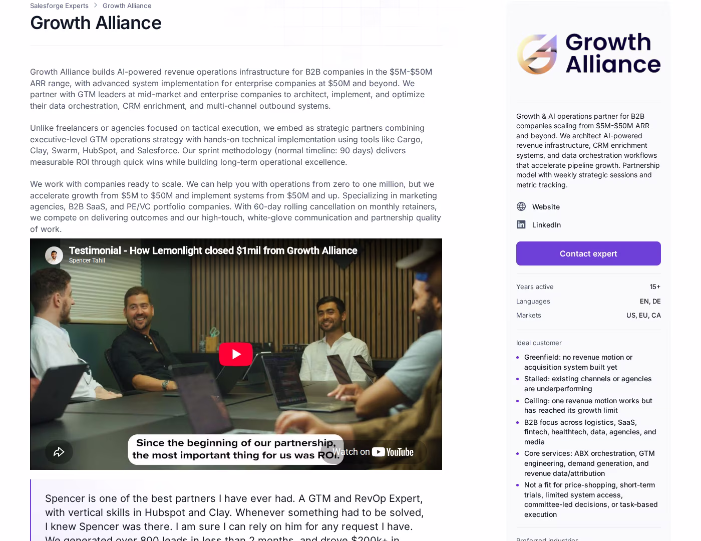 Growth Alliance Forge Expert profile on salesforge.ai showing 15+ years active, EN and DE languages, US, EU, CA markets, and ideal customer criteria