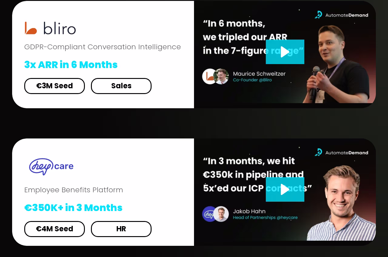AutomateDemand case cards for Bliro and heycare showing 3x ARR in 6 months and 350K euros in 3 months with client video quotes