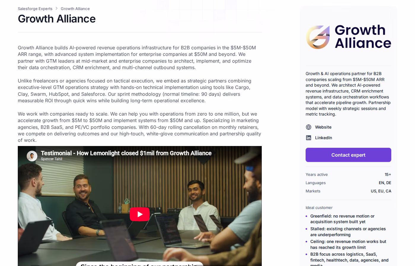 Growth Alliance Forge Expert profile page showing programs from 10K dollars per month and a 60-day rolling cancellation