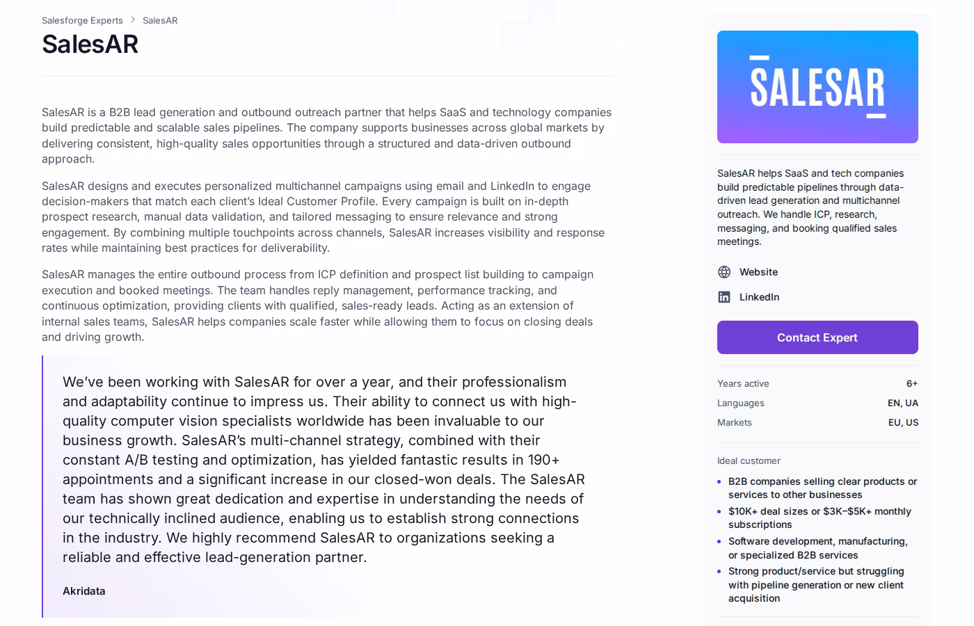 SalesAR Forge Expert profile page showing 700 plus clients, 30,000 plus appointments, and pricing from 2,500 dollars per month