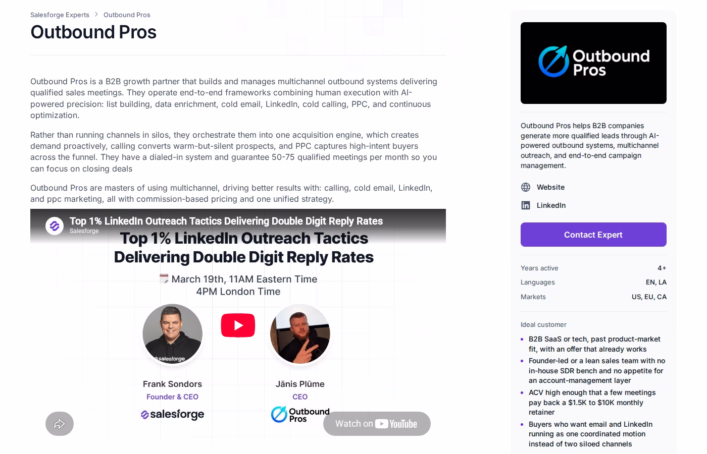 Outbound Pros Forge Expert profile page showing multichannel outbound with a 50 to 75 qualified meetings per month guarantee