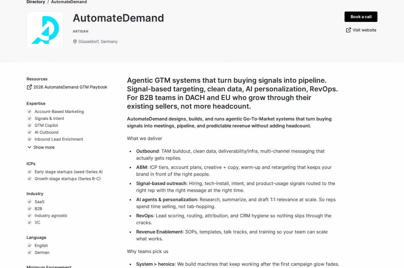 AutomateDemand's Clay Solutions Partner profile showing a 3-month minimum engagement, DACH and EU focus, and seed to Series C ICPs