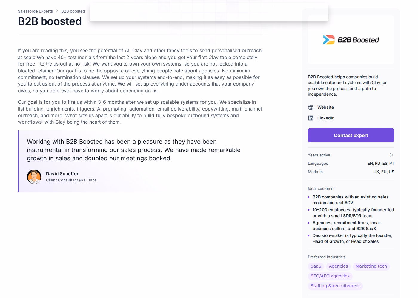 B2B Boosted profile page on the Salesforge Forge Expert directory showing its description and client quote