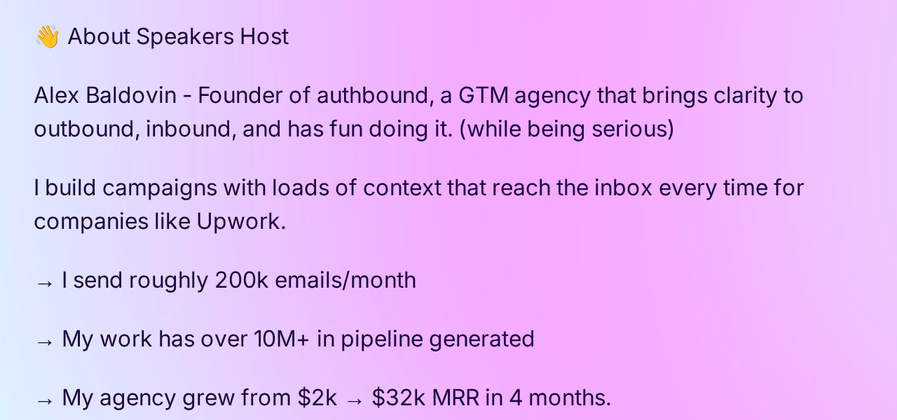 Speaker bio for Alex Baldovin on the Clay Club Bucharest event page listing 200k emails a month, $10M+ pipeline, and $2k to $32k MRR growth