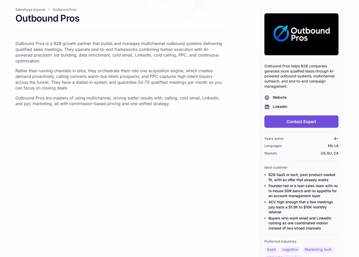 Outbound Pros profile page on the Salesforge Forge Expert directory showing its description, markets, and ideal customer sidebar