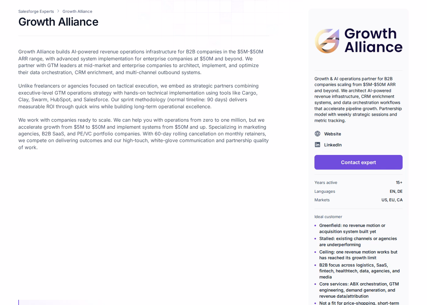 Growth Alliance profile page on the Salesforge Forge Expert directory showing its description and pricing sidebar