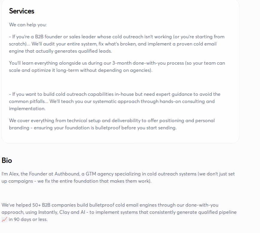 Services and Bio sections of Alex Baldovin's Instantly Expert profile describing Authbound's three-month done-with-you cold email process