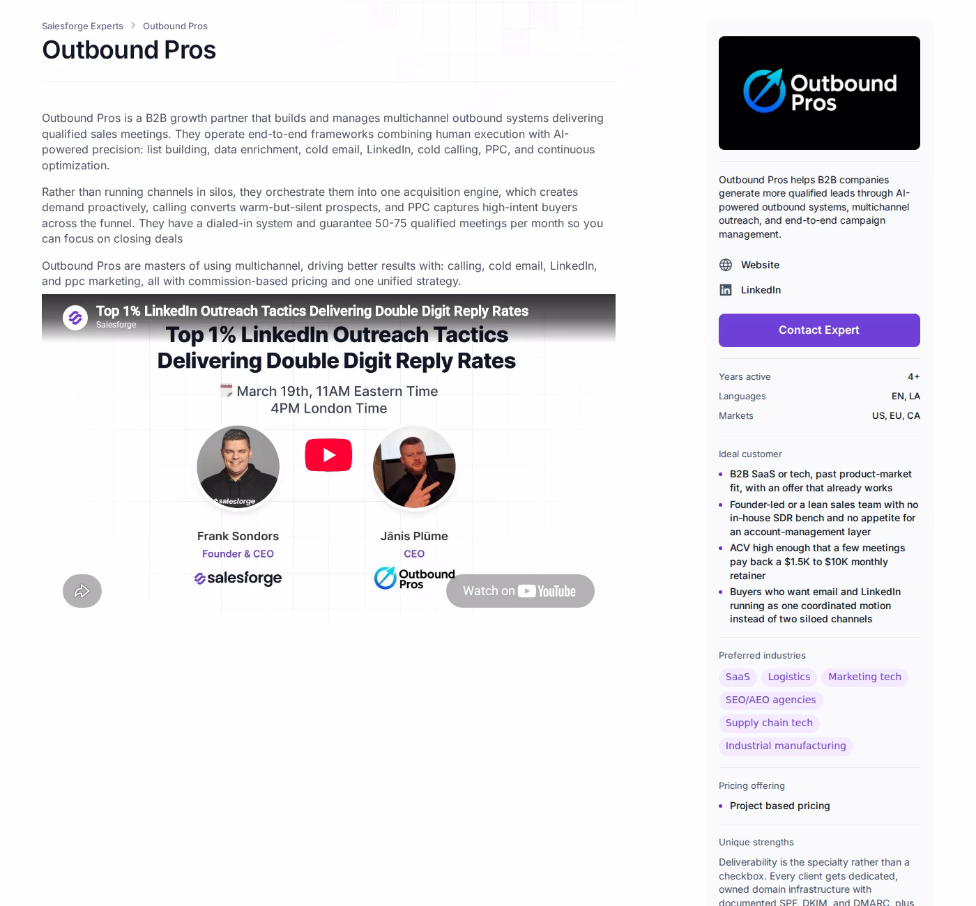 Outbound Pros Forge Expert profile page showing the 50 to 75 qualified meetings per month guarantee, markets, and unique strengths
