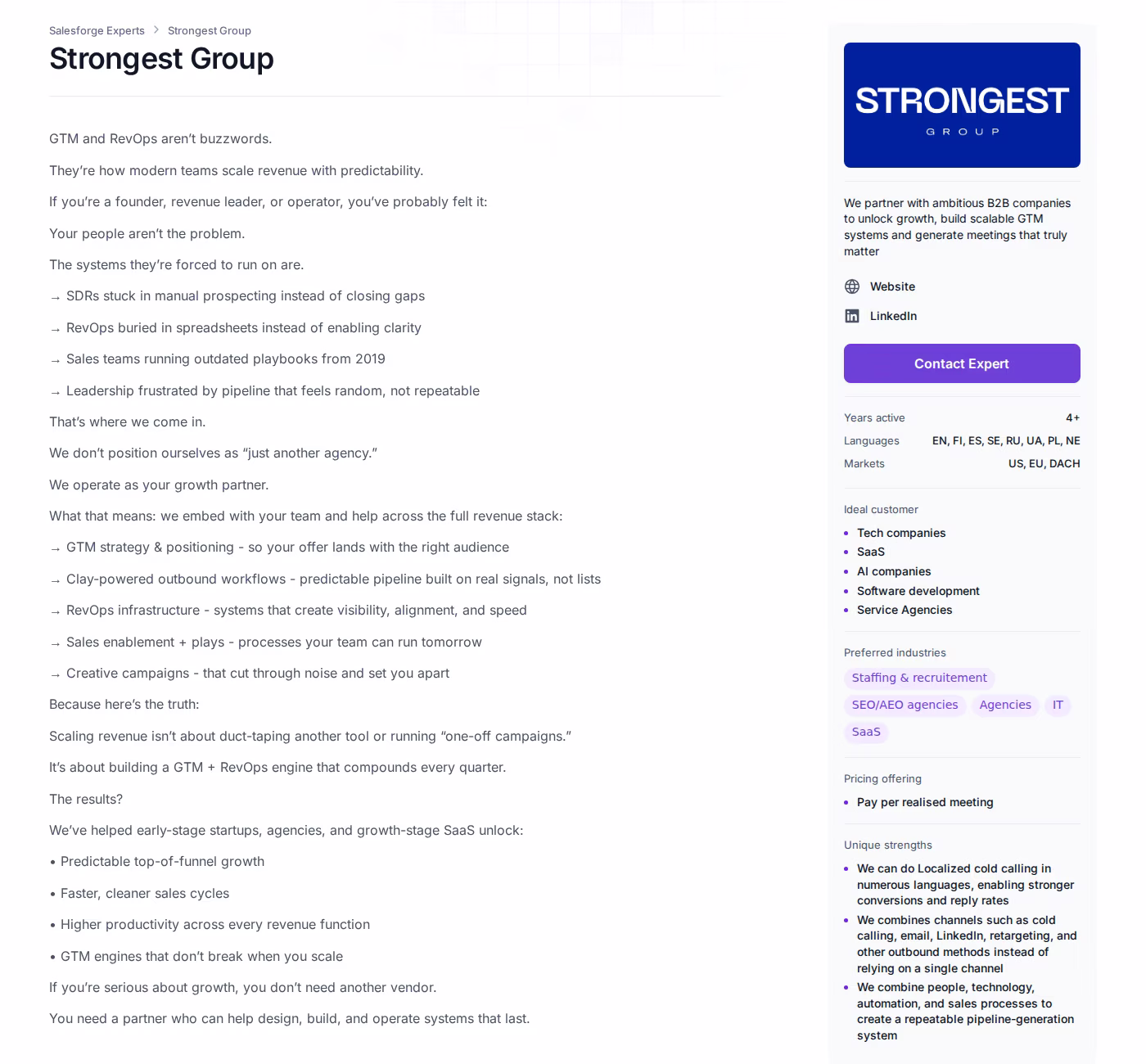 Strongest Group Forge Expert profile page showing GTM and RevOps positioning, languages, markets, and pay-per-meeting pricing