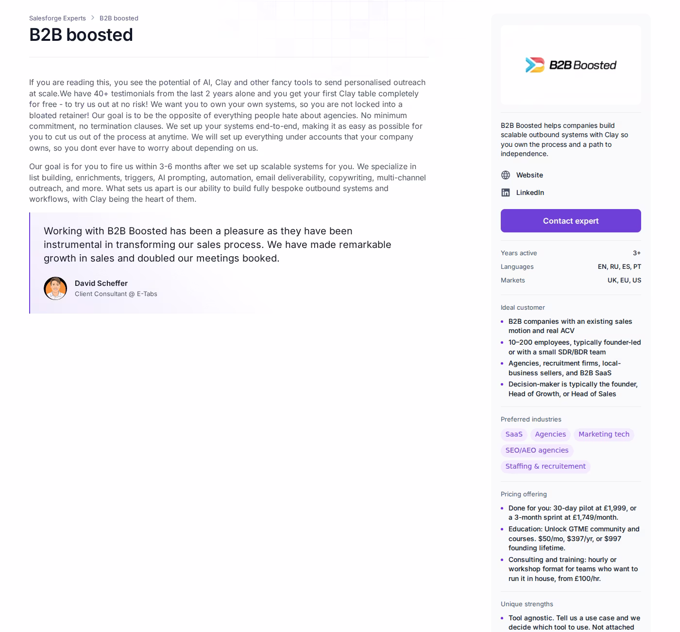 B2B boosted Forge Expert profile page showing services, ideal customer, preferred industries, and published pricing