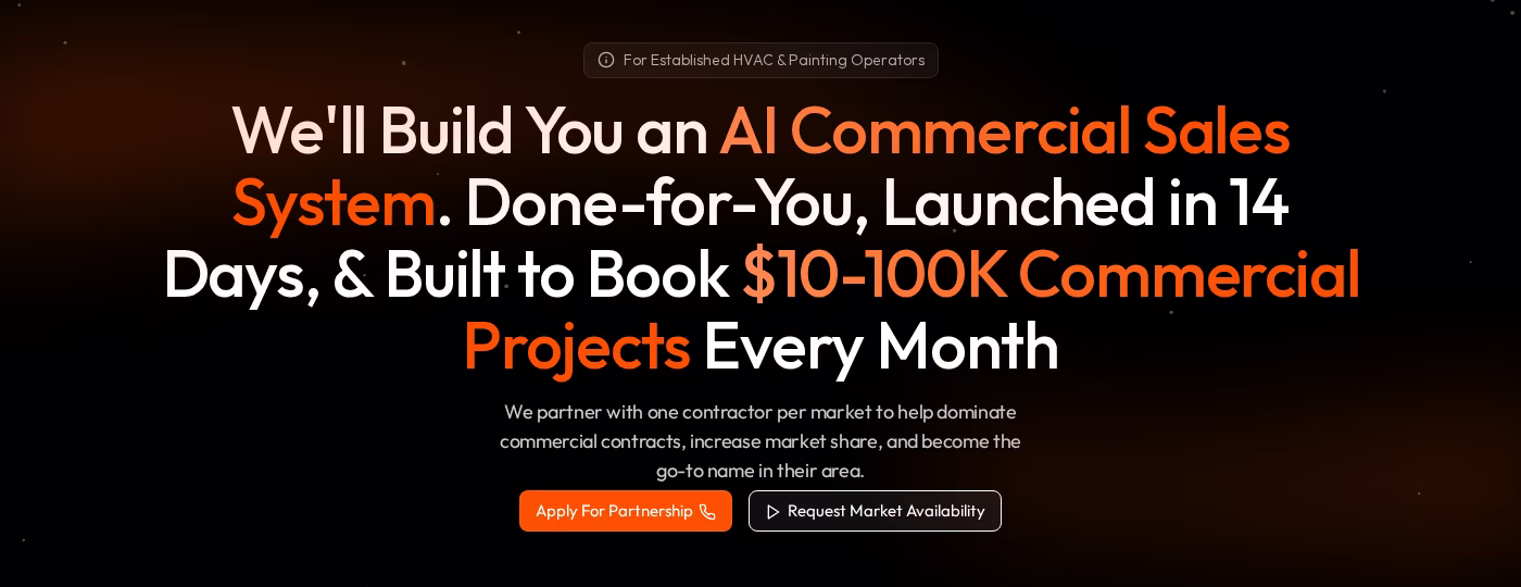 AvoraGrowth homepage hero promising a done-for-you AI commercial sales system for HVAC and painting operators, launched in 14 days