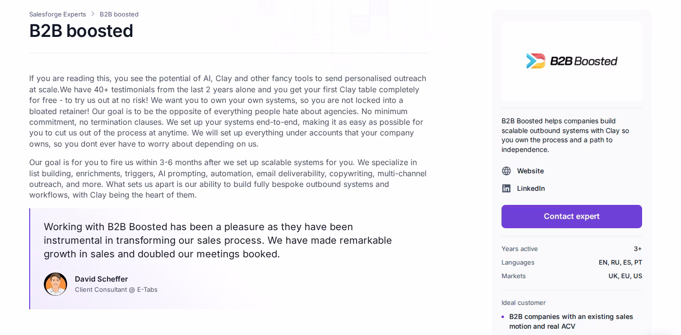 B2B Boosted Forge Expert profile page describing client-owned systems, no minimum commitment, and published pilot pricing