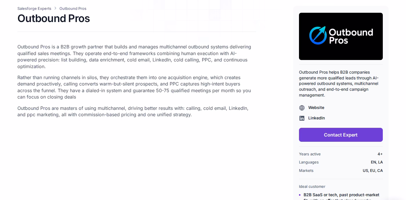 Outbound Pros Forge Expert profile page showing the multichannel description, guarantee, and sidebar with years active, languages, and markets