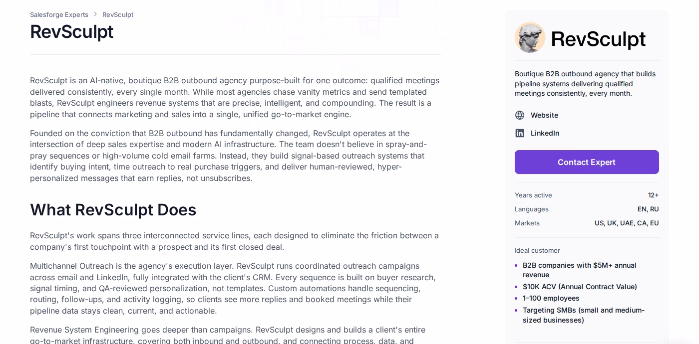 RevSculpt Forge Expert profile page describing signal-based B2B outbound, reported meeting volume, and pricing from $5k a month