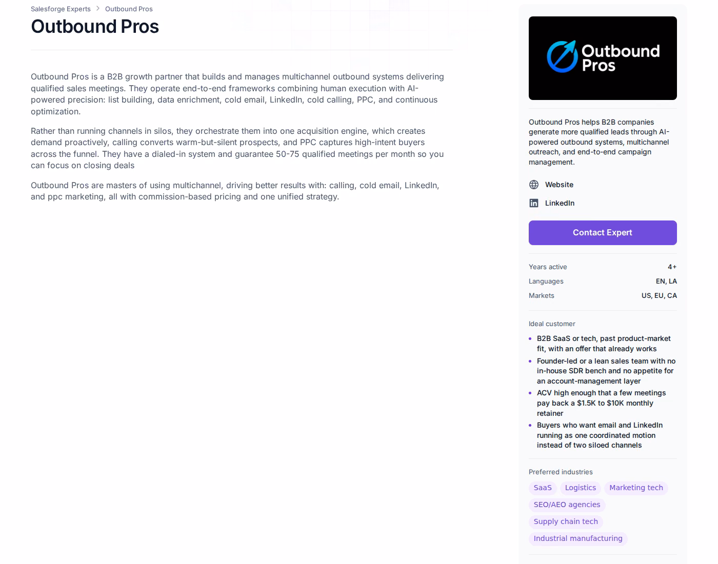 Outbound Pros Forge Expert profile page showing multichannel outbound services and a 50 to 75 meeting guarantee