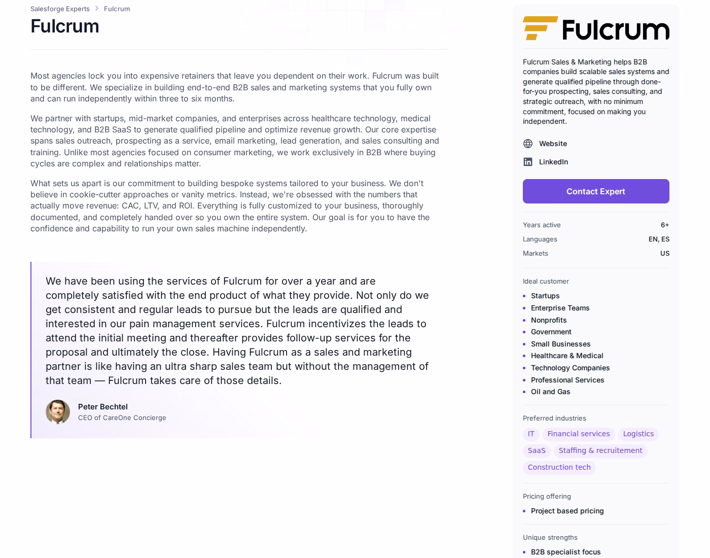 Fulcrum Forge Expert profile page describing sales systems clients fully own within three to six months