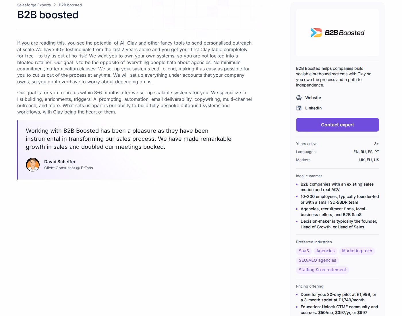 B2B Boosted Forge Expert profile page showing published pilot pricing and no minimum commitment
