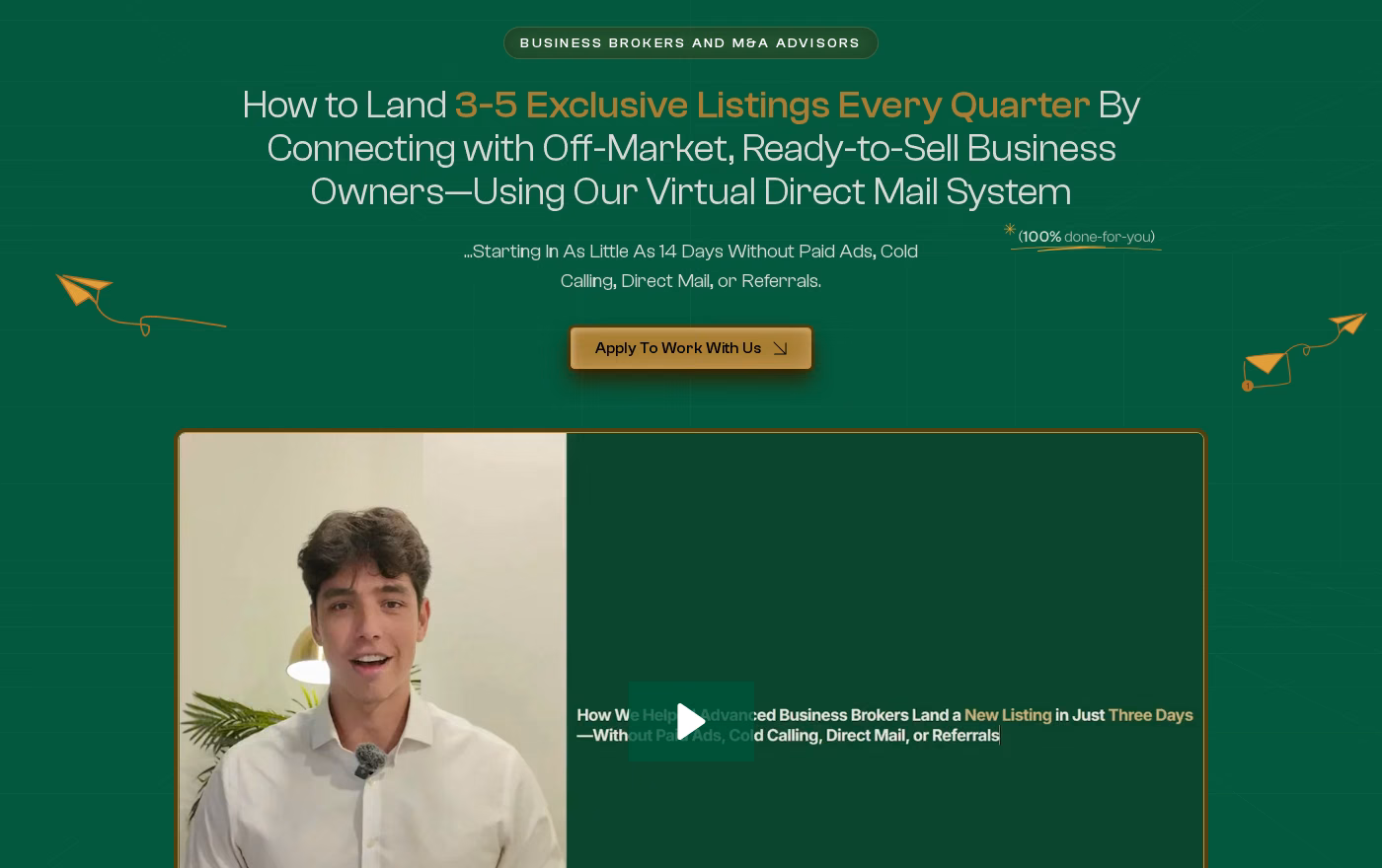 Brokr Leads homepage headline promising 3 to 5 exclusive listings every quarter through cold email