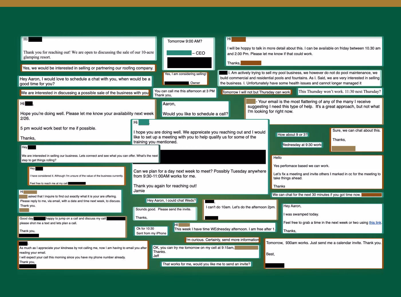 Collage of redacted business owner email replies published on the Brokr Leads homepage