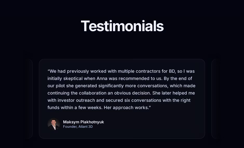 B2Global testimonial from Maksym Plakhotnyuk, founder of Atlant 3D, reporting six investor conversations within a few weeks