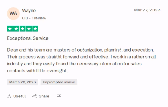 Trustpilot review of Beanstalk Consulting by Wayne, 5 stars, March 27, 2023