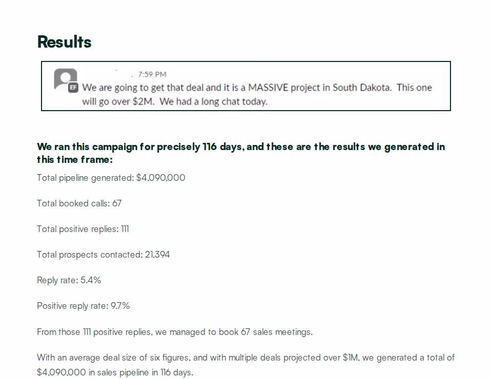 Beanstalk Consulting solar case study results: $4,090,000 pipeline, 67 booked calls, 21,394 prospects in 116 days