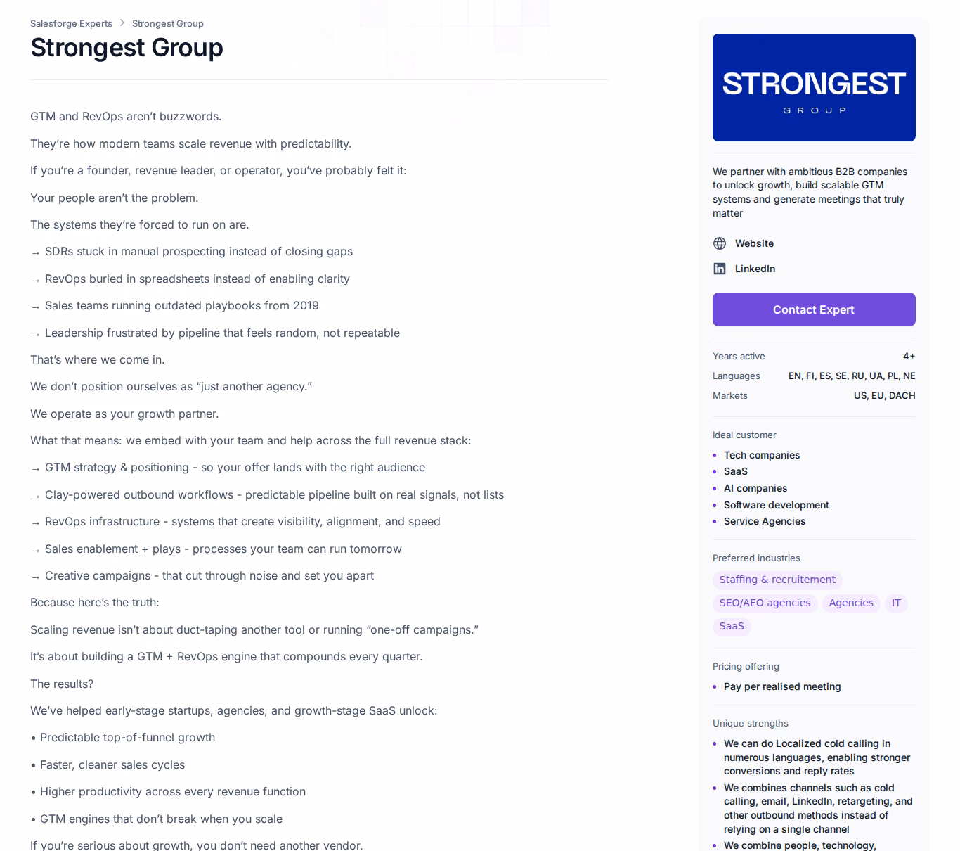 Strongest Group Forge Expert profile page on salesforge.ai showing pay-per-meeting pricing, languages and multichannel strengths