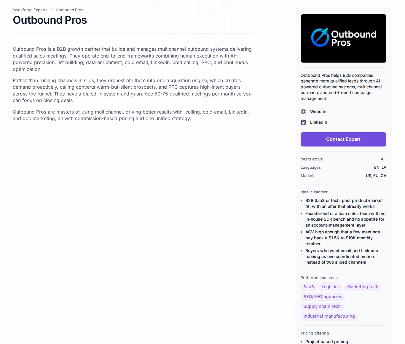 Outbound Pros Forge Expert profile page on salesforge.ai showing services, markets, ideal customer and unique strengths